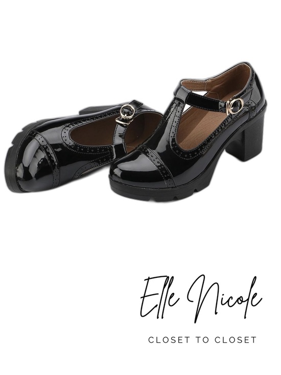 Shoes - Black Patent Block Heel Shoes